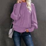 Damen nan Zopfmuster-Strickpullover mit Rollkragen und Ballonärmeln Drune – Violett