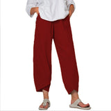 Damen nan lockere Leinenhose mit hohem Bund, Tulpen-Saum und seitlichen Eingrifftaschen Drune – Weinrot