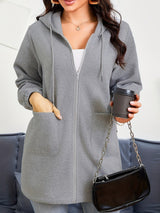 Damen nan Longline-Kapuzenjacke mit durchgehendem Reißverschluss, Kängurutaschen und elastischen Bündchen Drune – Grau