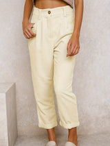 Damen nan weiche weite Cordhose mit hoher Taille, Bundfalten und umgeschlagenem Saum Drune – Cremeweiß