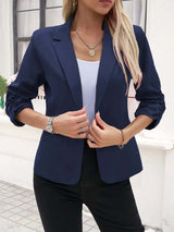 Damen nan taillierter Longblazer mit Revers, gerafften 3/4-Ärmeln und Eingrifftaschen Drune – Marineblau