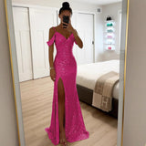 Pailletten Maxikleid mit Schlitz – Elegantes Sommer Abendkleid – Rosenrot
