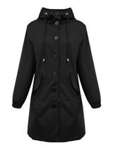Damen nan leichter Regenparka mit Kapuze, überlanger Knopfleiste, Tunnelzug und aufgesetzten Taschen Drune – Schwarz
