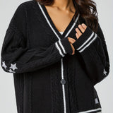 Damen nan oversized Zopfstrick Cardigan mit V-Ausschnitt und kontrastierenden Strickkanten Drune – Schwarz