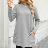 Damen nan legeres Fleece-Tunika-Kleid mit Rundhalsausschnitt und aufgesetzten Taschen Drune – Grau