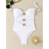 Damen Eleganter und modischer Monokini mit dekorativen Schnallen Drune – Weiß