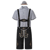 Herren nan traditionelle Trachtenlederhose mit bestickten Hosenträgern, kariertem Trachtenhemd und Filzhut Drune – 82353 Schwarz (Schwarzes Oberteil + Schwarze Latzhose + Graue Mütze)