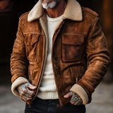 Herren Vintage-Lederjacke mit Teddyfellkragen und praktischen Taschen Aliams – Dunkelbraun