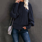 Damen nan Zopfmuster-Strickpullover mit Rollkragen und Ballonärmeln Drune – Marineblau
