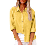 Damen nan oversized Leinen-Baumwollmix Hemdbluse mit Brusttasche und krempelbaren Ärmeln Drune – Gelb