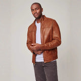 Herren hochwertige Lederjacke im modernen Biker-Stil mit praktischem Stehkragen Aliams – Braun