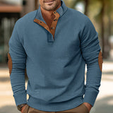 Herren nan strukturiertes Rugby-Pullover mit Stehkragen, Knopfleiste und Leder-Ellenbogenpatches Drune – Jeansblau