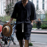 Herren nan lässiges Strick-Set mit V-Ausschnitt, Kurzarm-Oversize und Kordelshorts Drune – Navyblau