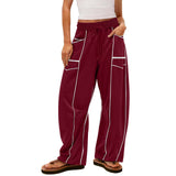 Damen nan weite Lounge-Hose mit Kordelzug, Kontrastpaspelierung und Cargo-Taschen Drune – Weinrot