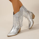 Mittlere Wade Cowboy Stiefel Für Damen| Absatz – Silber