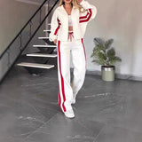 Damen nan athletisches Zweiteiler-Set aus French Terry mit Reißverschluss Cropped Jacke und weitem Highwaist Jogger Drune – Weiß