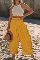 Damen nan weite Palazzohose aus leichtem Leinenmix mit Tunnelzug und seitlicher Tasche Drune – Gelb