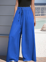 Damen nan weite Palazzo-Hose mit hohem Paperbag-Bund, elastischem Tunnelzug und vorderer Beinschlitz Drune – Blau