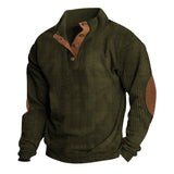 Herren nan grober Rippstrick-Pullover mit Stehkragen, Knopfleiste und markanten Ellenbogenpatches Drune – Olivgrün