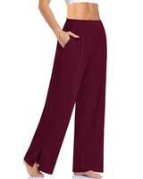 Damen nan weite Yogahose mit hohem Komfortbund, seitlichen Eingrifftaschen und seitlichem Bein-Schlitz Drune – Weinrot