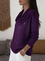 Damen nan fein gestrickter Pullover mit Wasserfallkragen und geripptem Saum Drune – Lila Glitzer