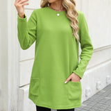 Damen nan legeres Fleece-Tunika-Kleid mit Rundhalsausschnitt und aufgesetzten Taschen Drune – Grasgrün