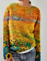 Sofia - Gestrickter Damenpullover mit 3D-Blumendruck – Gelborange
