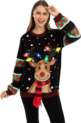 Damen nan weihnachtlicher Strickpullover mit Rentierapplikation integrierter Lichterkette und dreidimensionalem Nasenpompom Drune – Schwarz