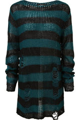 Damen nan Oversized Grobstrickpullover mit breiten Blockstreifen und aufgerissenem Design Drune – Lang Schwarz-Jeansblau