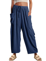 Damen nan weite Palazzohose aus leichtem Leinenmix mit Tunnelzug und seitlicher Tasche Drune – Dunkelblau