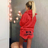 Damen nan kuscheliges zweiteiliges Lounge-Set mit Kapuzenpullover und Shorts mit MEOW-Stickerei Drune – Signalrot