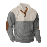 Herren nan gerippter Pullover mit Stehkragen, Knopfleiste und Ellbogen-Patches Drune – Apricot + Grau