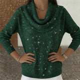 Damen nan fein gestrickter Pullover mit Wasserfallkragen und geripptem Saum Drune – Grün Glitzer