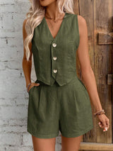 Zweiteiler aus Leinenoptik – Ärmelloses Gilet mit High-Waist Shorts – Grün
