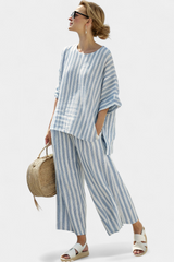 Federica – elegantes gestreiftes Leinenoberteil und lässige Hose – Gestreift Blau
