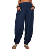 Damen nan lockere Leinenhose mit weitem Bein elastischem Bund und großen aufgesetzten Taschen Drune – Marineblau