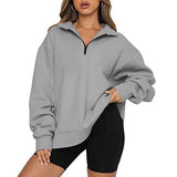 Damen nan oversized Sweatshirt mit halbem Reißverschluss, Stehkragen und überschnittener Schulter Drune – Rippbesatz