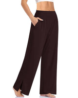 Damen nan weite Yogahose mit hohem Komfortbund, seitlichen Eingrifftaschen und seitlichem Bein-Schlitz Drune – Dunkelbraun