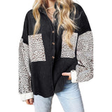 Damen nan oversized Hemdbluse mit Strukturstoff, Kontrastärmeln im Leo-Print und aufgesetzten Taschen Drune – Schwarz