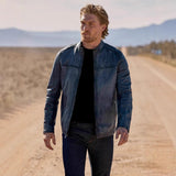 Herren hochwertige Lederjacke im modernen Biker-Stil mit praktischem Stehkragen Aliams – Blau