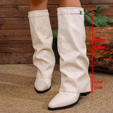 Damen nan kniehohe Slouch-Stiefel mit spitzer Zehenpartie niedrigem Blockabsatz und dekorativem Schaftgurt Drune – Cremeweiß