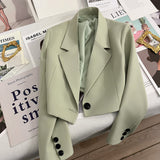 Damen nan kurzer taillierter Blazer mit markantem Revers und Ein-Knopf-Verschluss Drune – Erbsengrün 2329