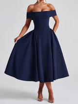 Cleane | Kleid mit entblößten Schultern Ausgestellt Midi – Marineblau
