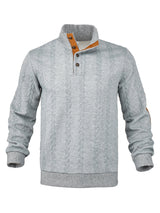 Herren nan Zopfmuster-Pullover mit Stehkragen, halber Knopfleiste und Ellbogenpatches Drune – Hellgrau