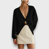 Enea – Tiefer V-Ausschnitt Cardigan mit Goldknopf – Schwarz