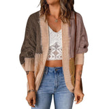 Damen nan lässige Strickjacke im Patchwork-Stil mit offener Front und 3/4-Ärmeln Drune – Kaffeebraun