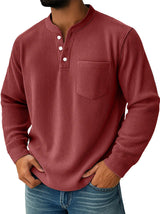 Herren nan thermisches Waffelstrick-Henleyshirt mit Stehkragen Brusttasche und geripptem Komfortschnitt Drune – Rot