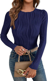 Damen nan figurbetontes Rippstrick-Longsleeve mit Wellendetail und Rundhalsausschnitt Drune – Marineblau