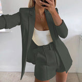Damen nan tailliertes Longblazer-Shorts Set mit betonter Schulterpartie, hoher Taille und breitem Gürtel Drune – Dunkelgrau