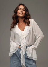 Damen Bluse aus Chiffon mit Rüschen und V-Ausschnitt – Elegant und luftig – Weiß